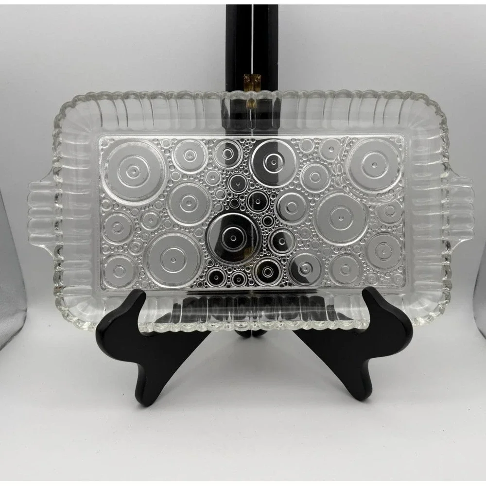 Vintage Anchor Hocking Clear Glass Snack Tray Set of 4‎ Circles Pattern MCM